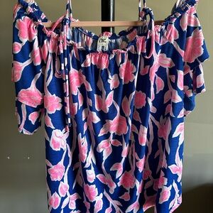 Sew In Love Blue and Pink Off the Shoulder Ruffled Blouse - XL